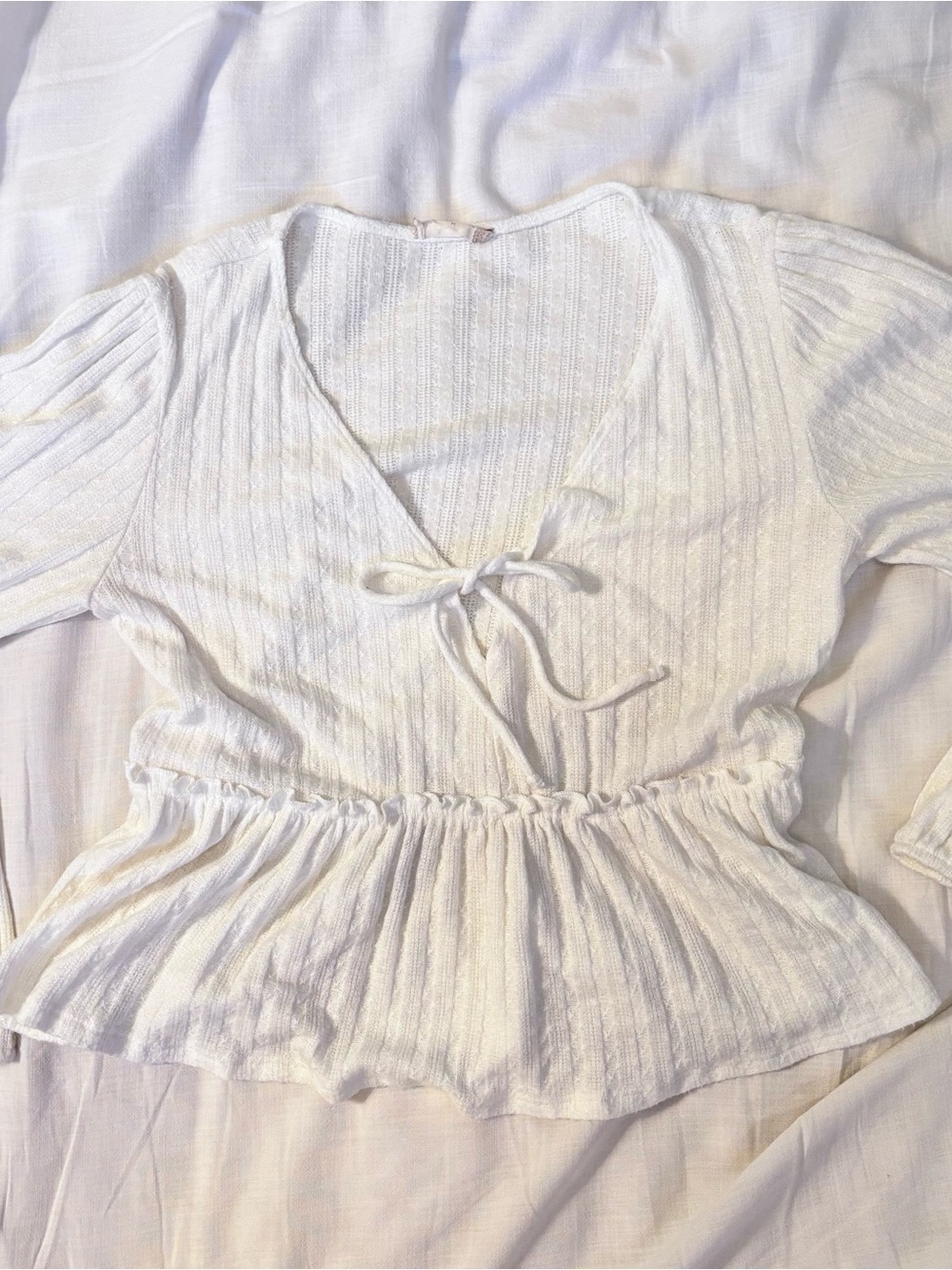 Altar'd State White Ribbed Tie-Front Peplum Blouse